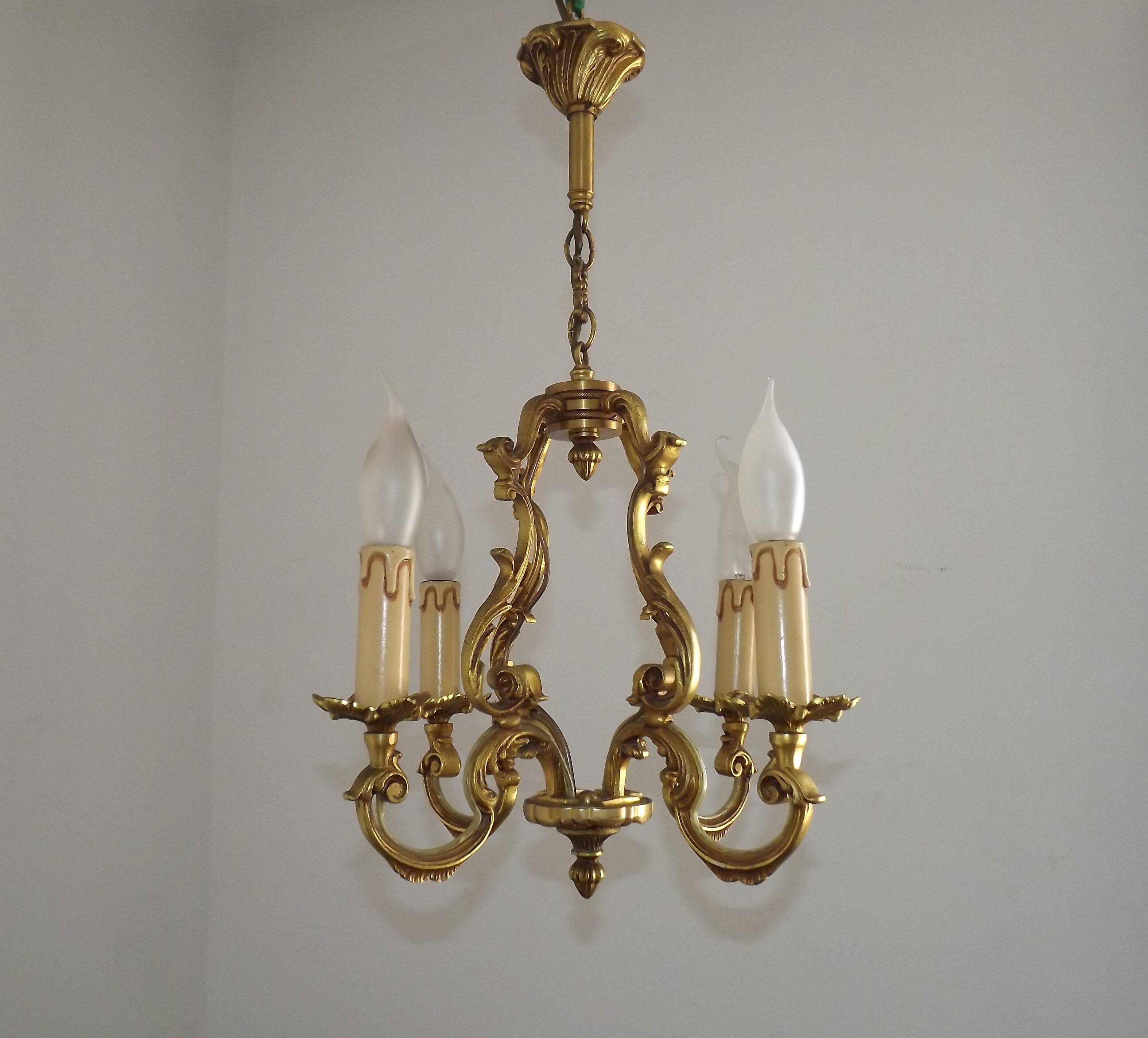 French Vintage Bronze Art Nouveau Style 4 Light 4 Sided Cage Chandelier