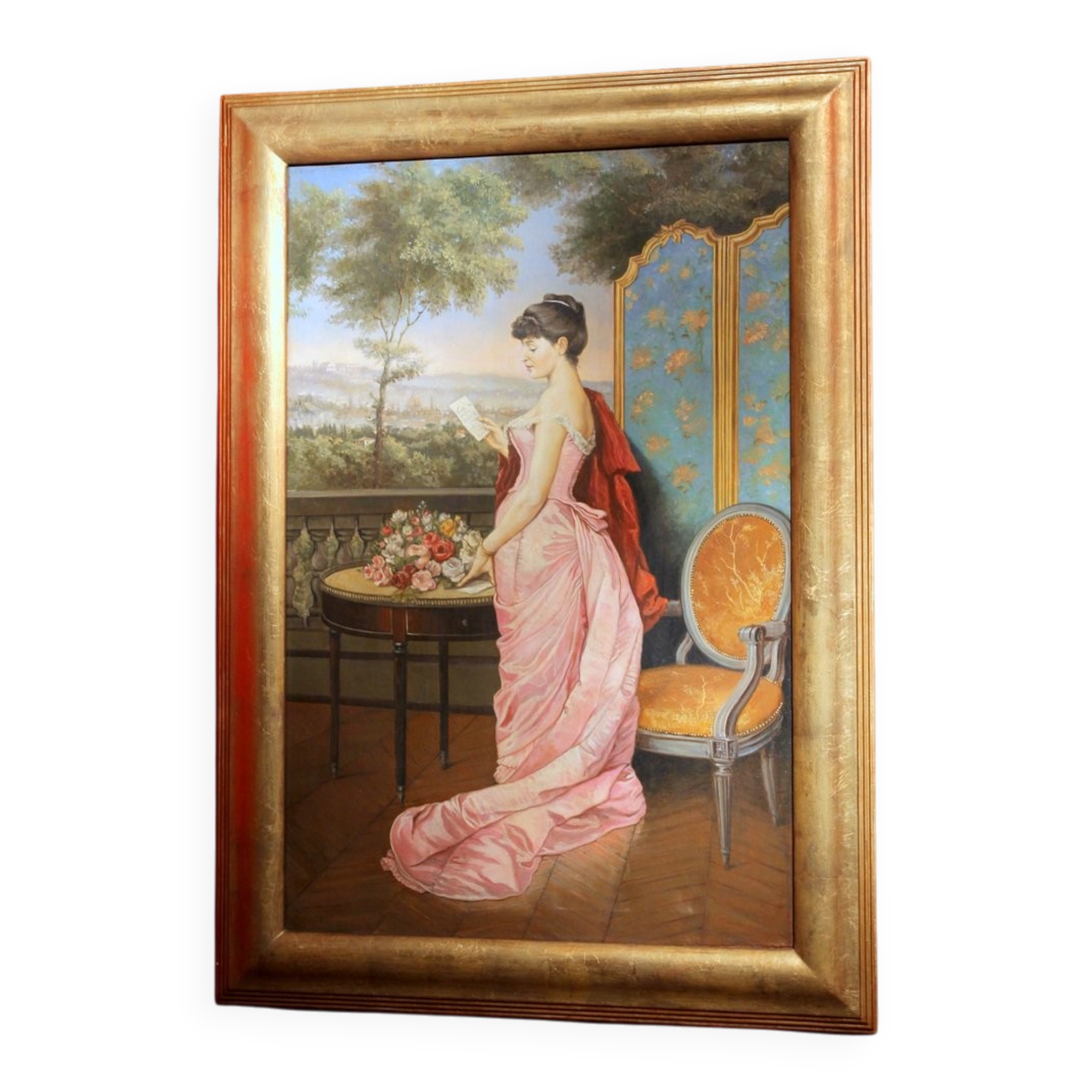 Portrait d'une dame italienne avec paysage florentin, 1890, huile sur toile, encadré.