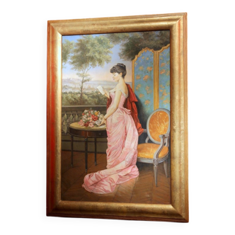 Portrait of Italian Lady with Florentine Landscape, 1890, Oil on Canvas, Framed