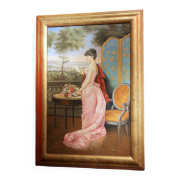 Portrait of Italian Lady with Florentine Landscape, 1890, Oil on Canvas, Framed