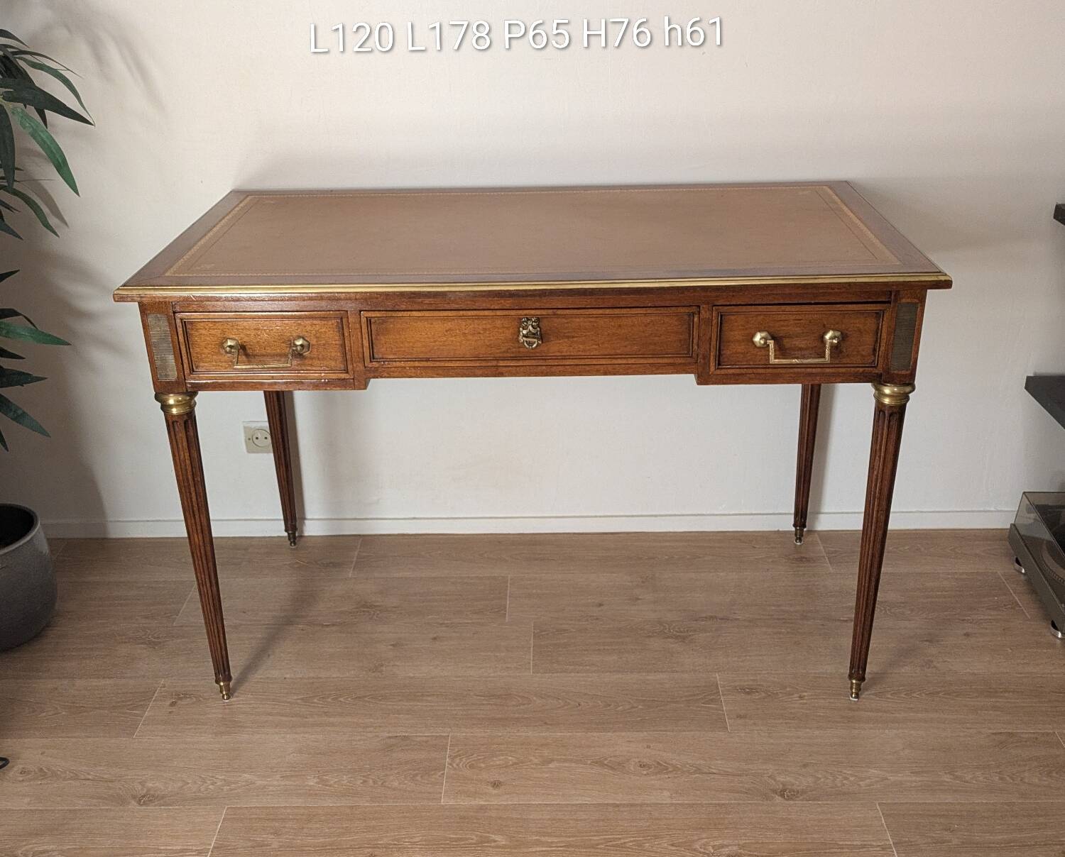 Antique Louis XVI style vintage desk, leather, brass, cherry wood