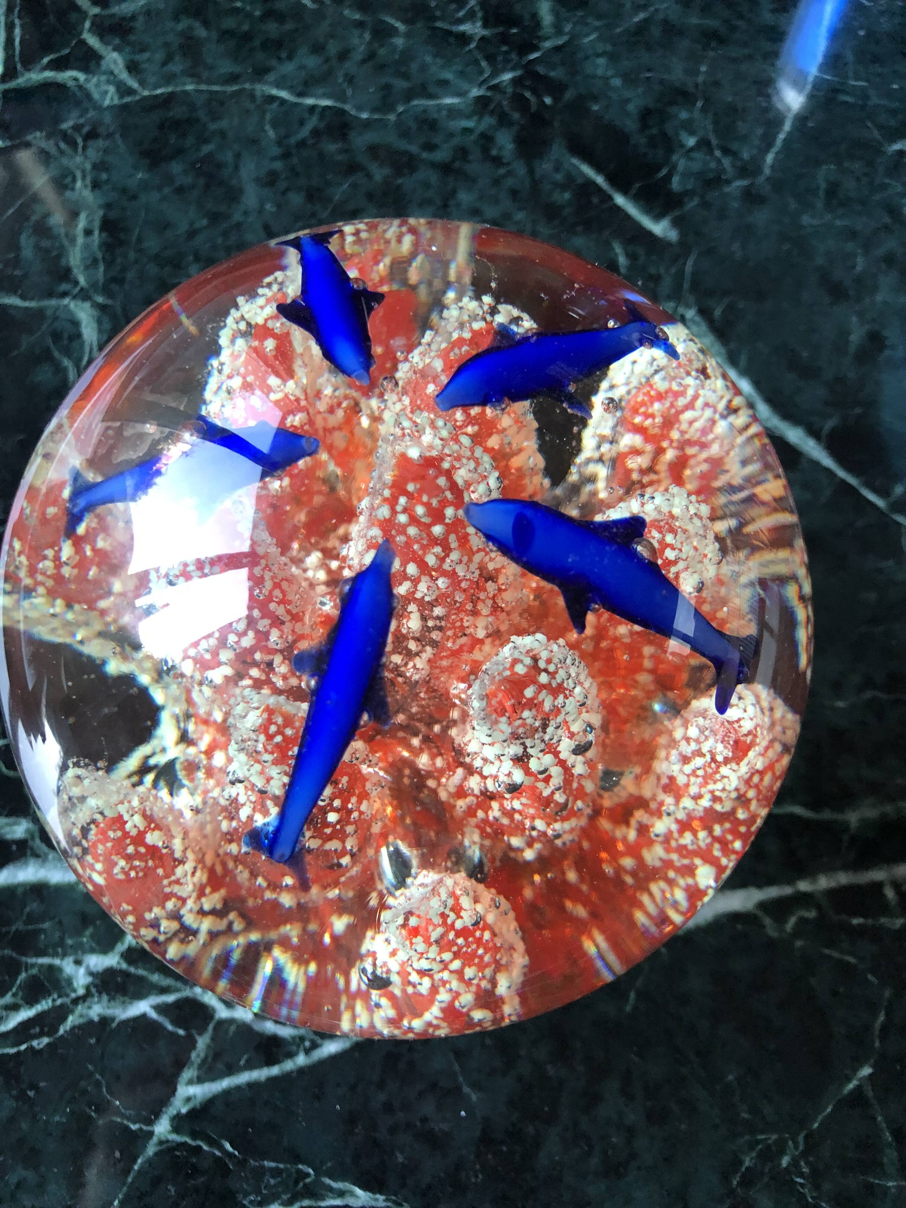 Murano glass ball paperweight Coral dolphins and fish