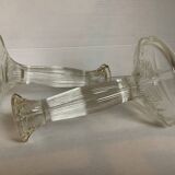 Pair of geometric art deco molded glass candlesticks