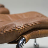 Swedish Lounge Chair and Ottoman in Chrome and Brown Leather by Scapa Rydaholm, 1960s, Set of 2