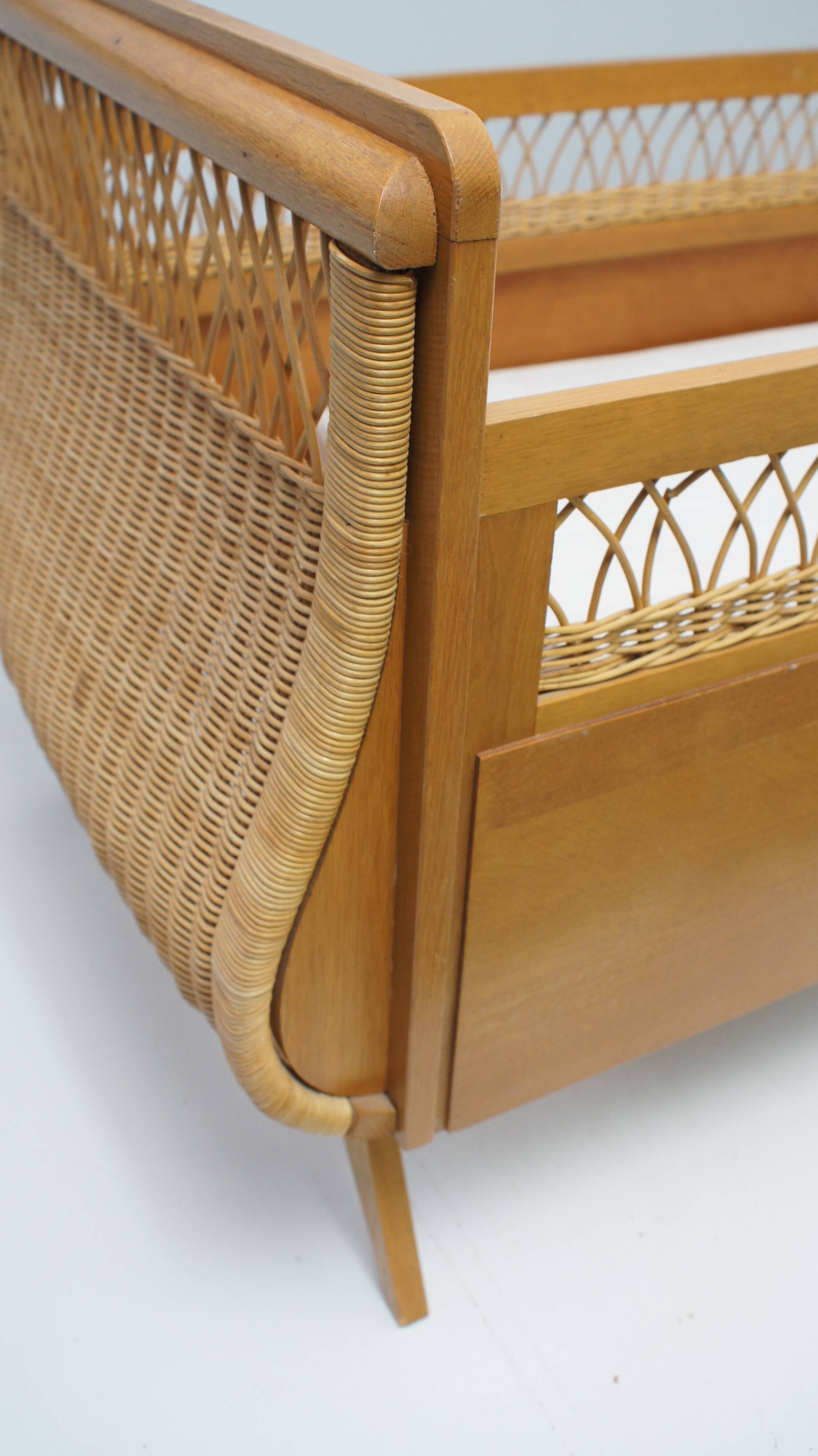 1960s oak and wicker baby bed