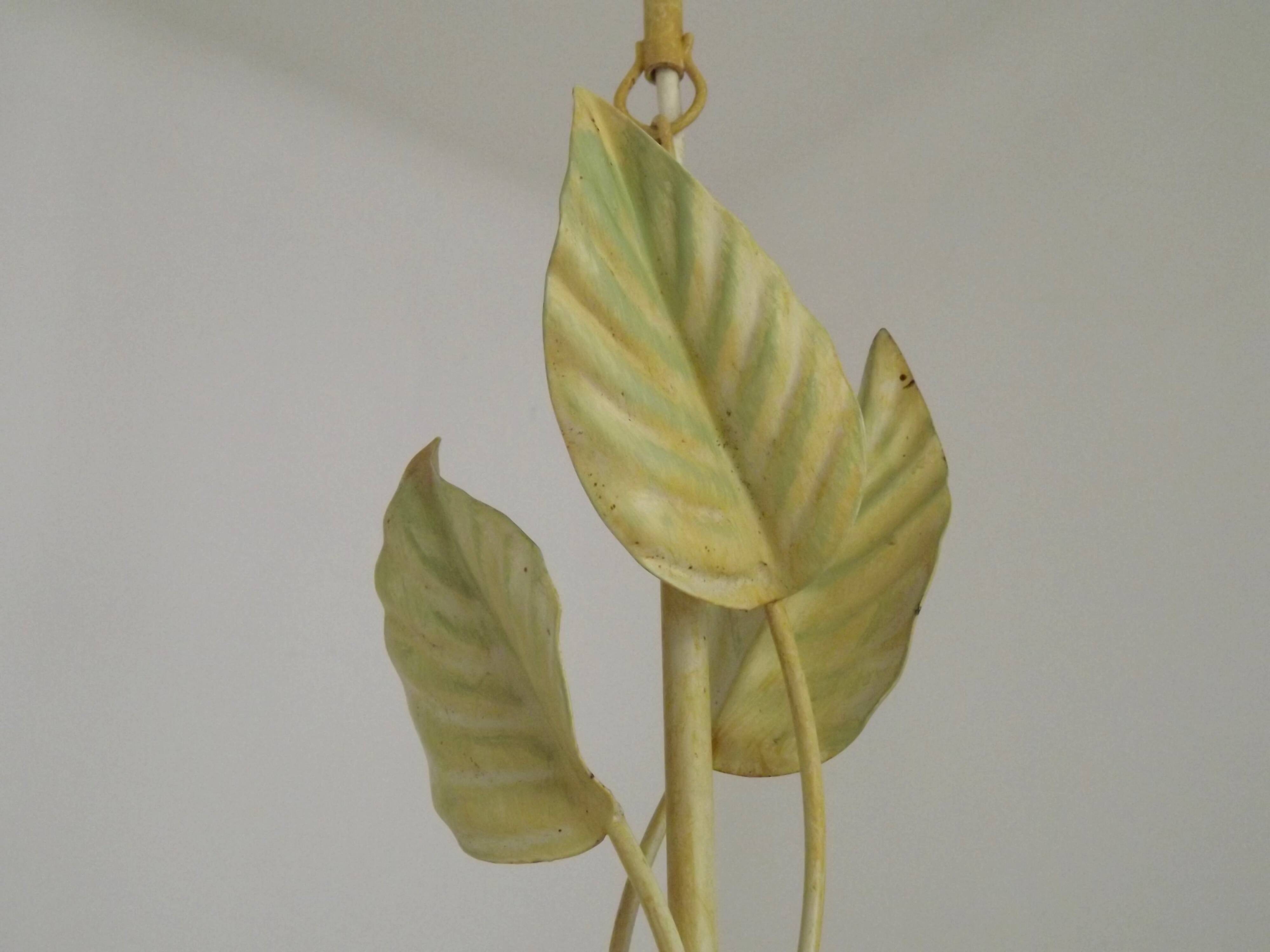 French vintage chandelier with 3 lights in leaf green metal and glass shades 5516