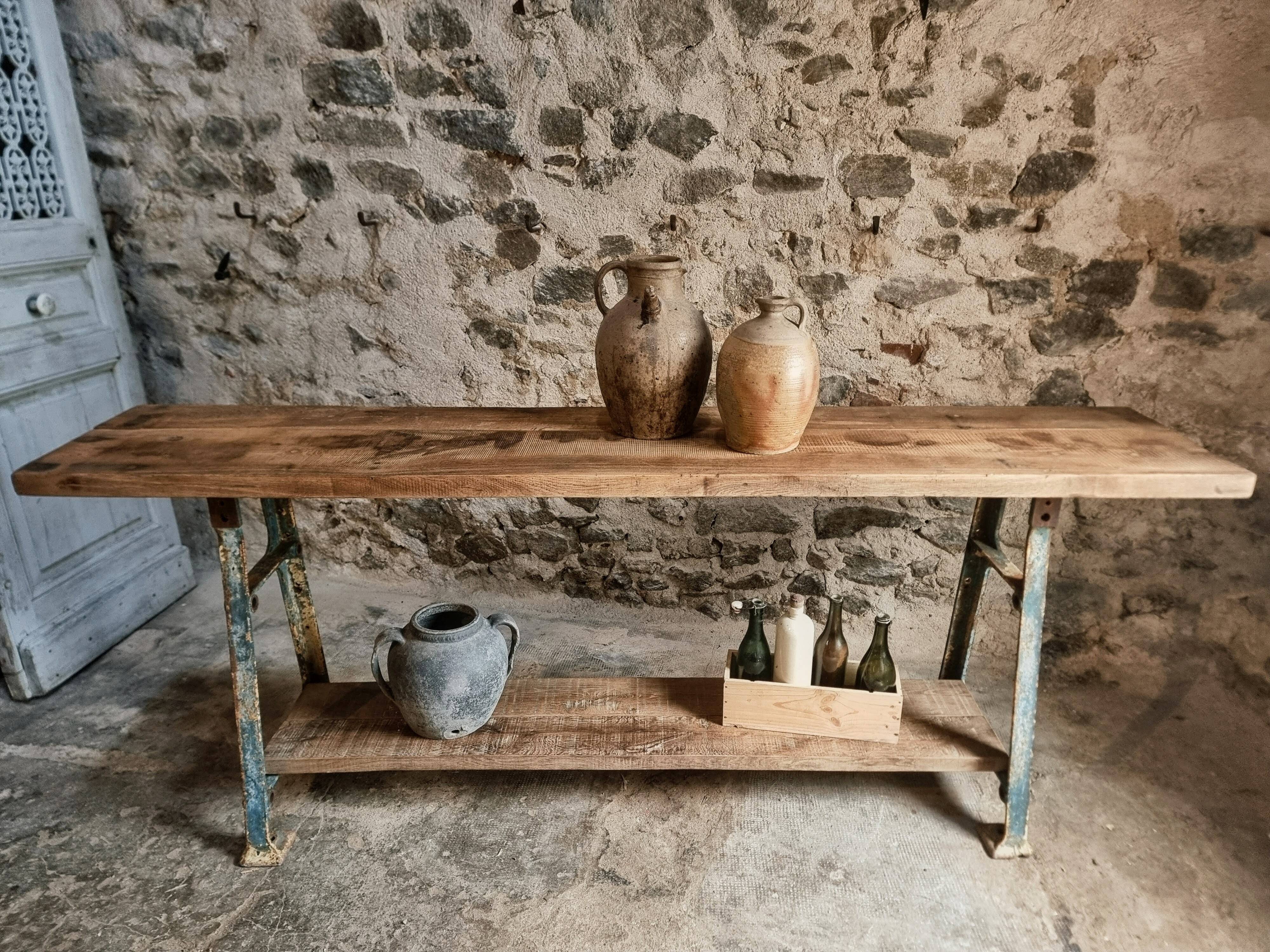 Industrial kitchen island / console table with a cast iron base – France, mid-20th century