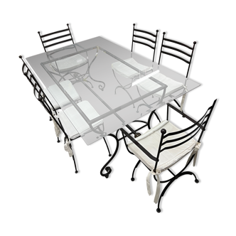 Wrought iron and glass dining table + 6 matching wrought iron chairs
