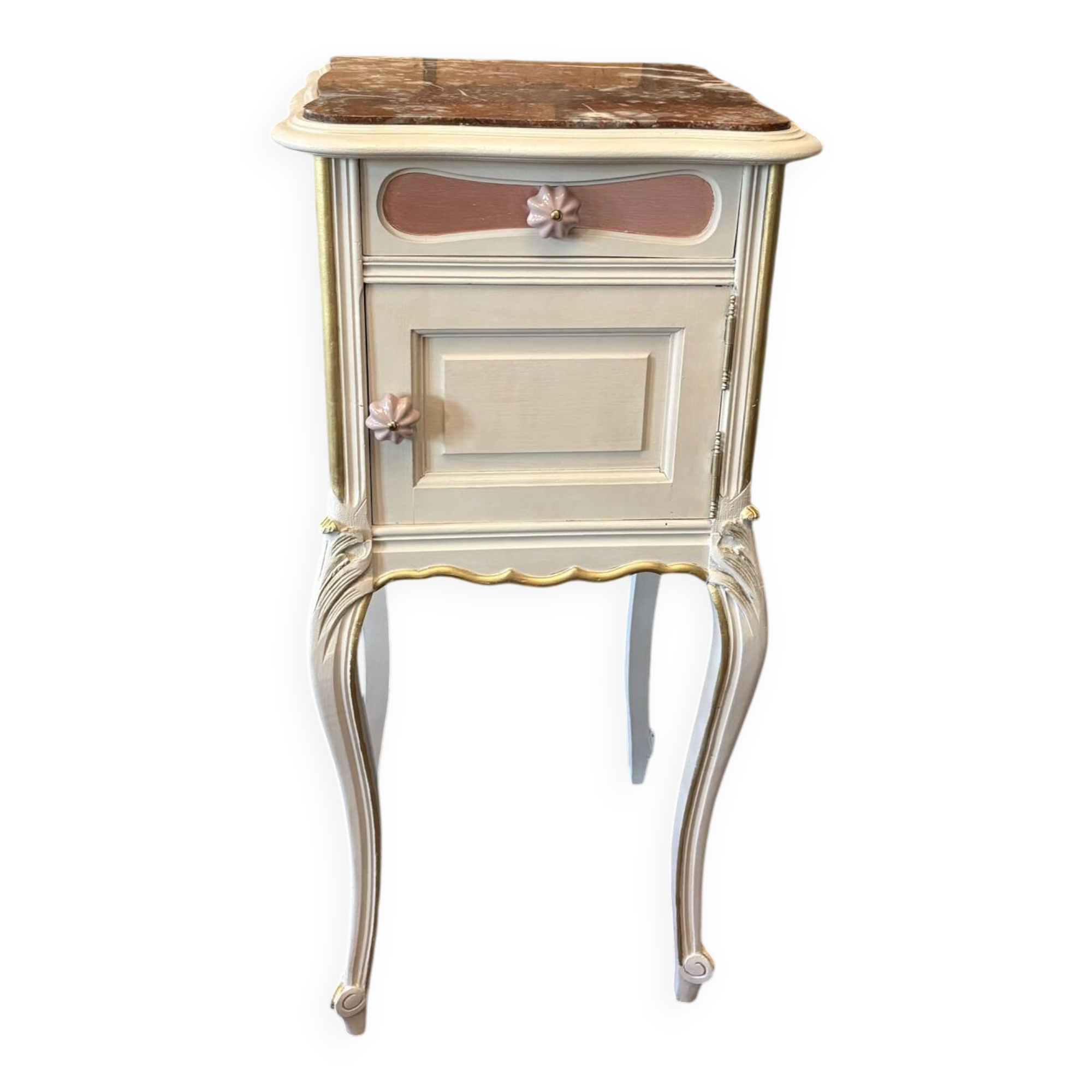 Table de chevet ancienne rénovée – style Louis XV, marbre rouge