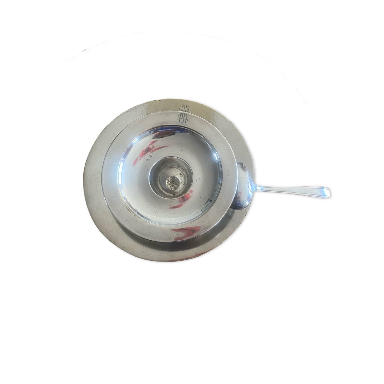 Egg cup, plate, silver-plated spoon
