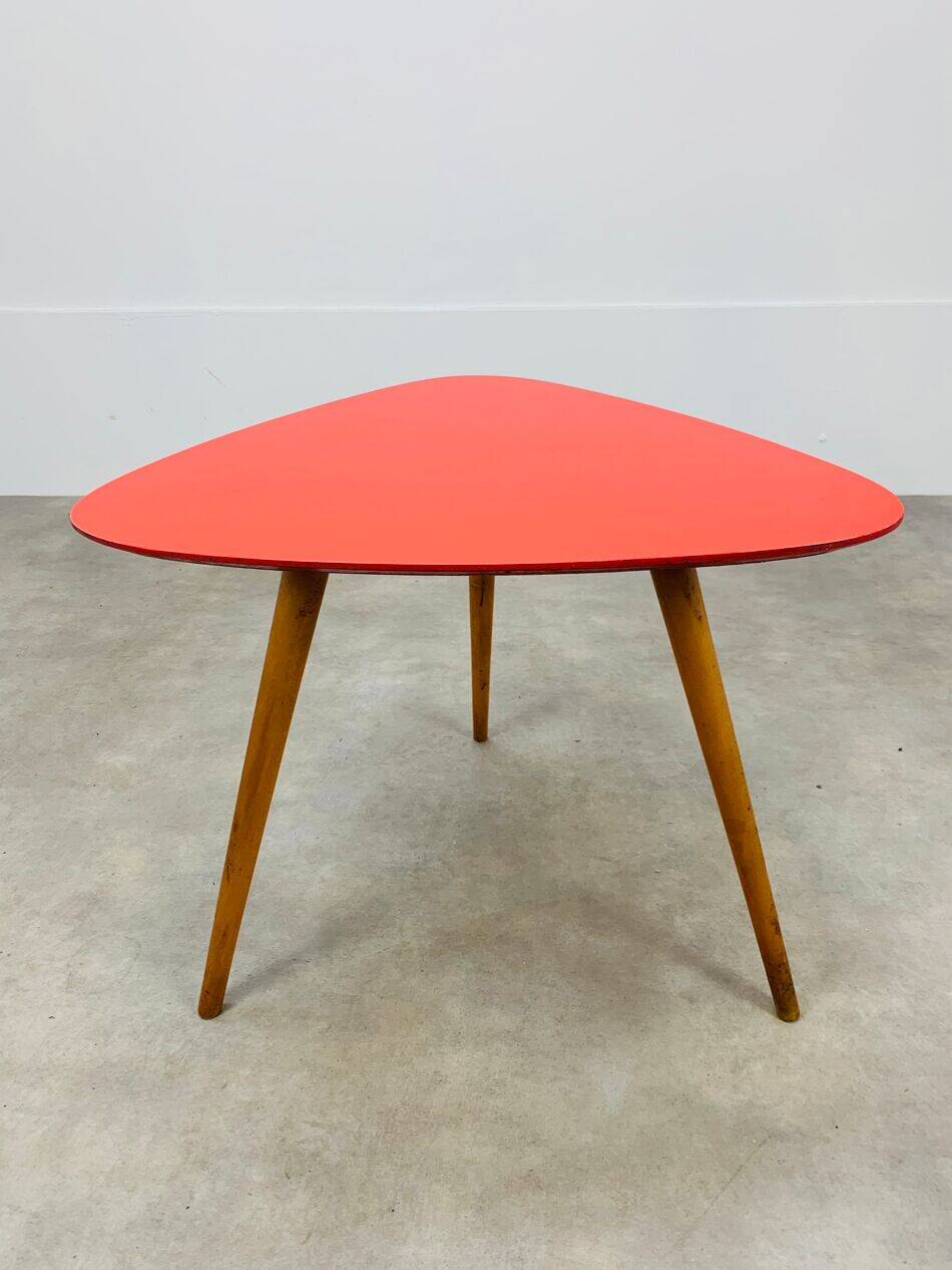 Steiner tripod side table by Baumann, wood, red top, 60s