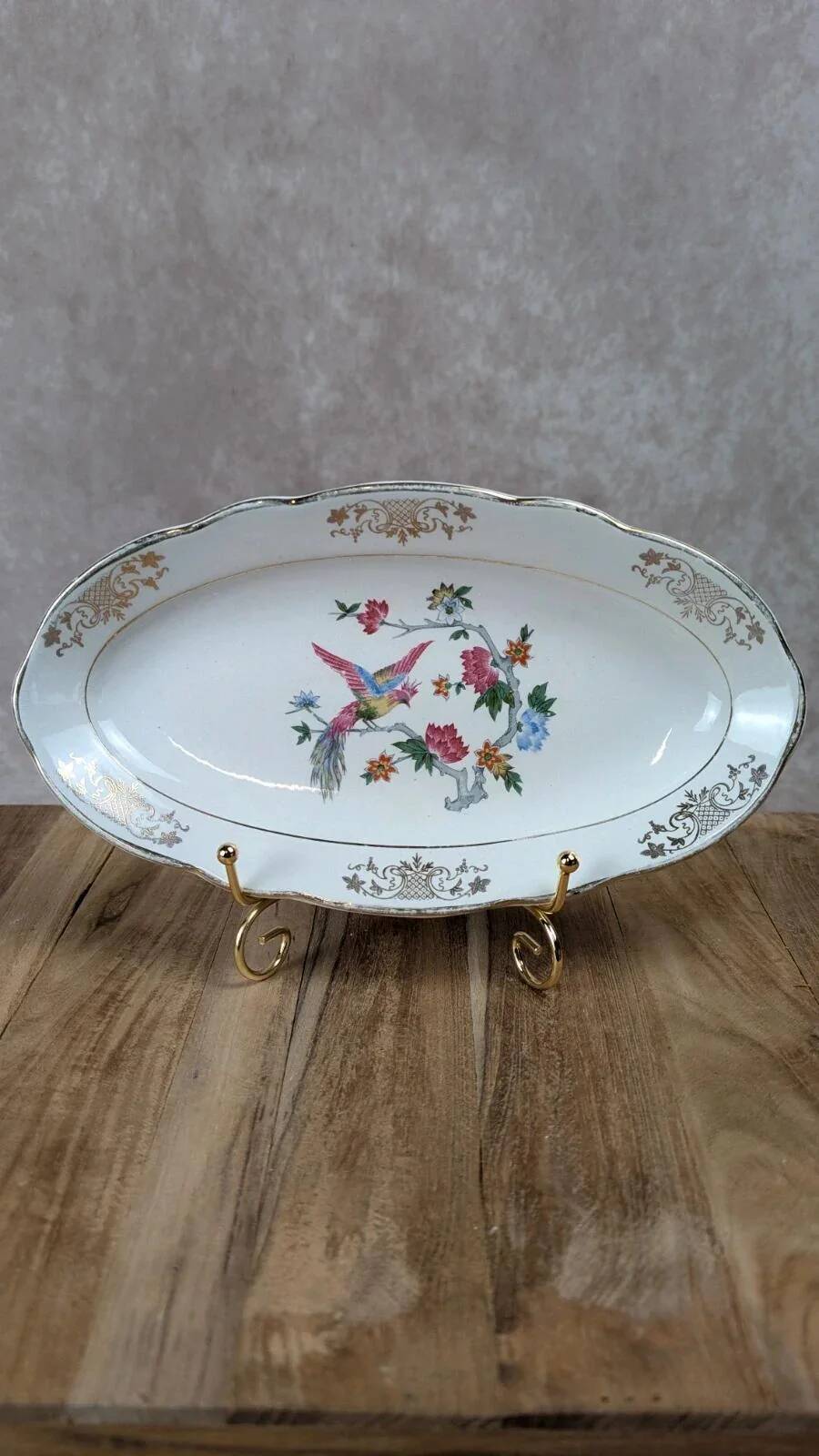 Antique oval plate Kg Lunéville – bird & golden flower decoration