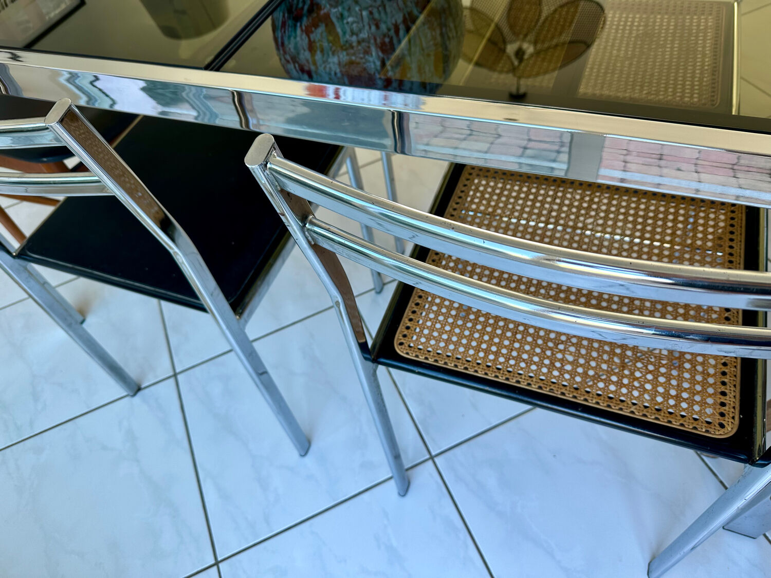 Vintage dining set – smoked glass & chrome – 5 chairs – year