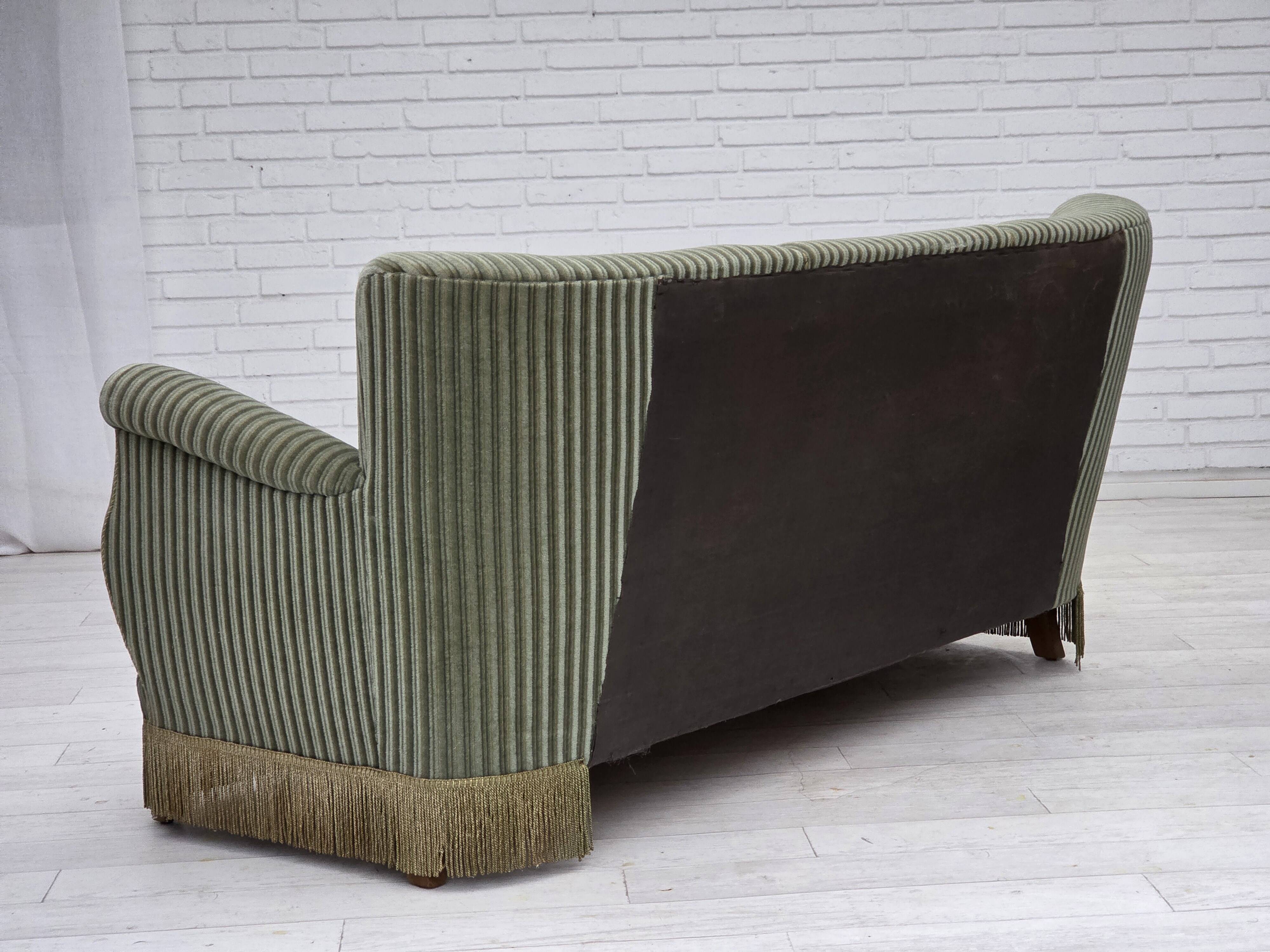 1960s, Danish 3-seater sofa, original green furniture velour, oak wood.