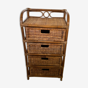 Cabinet / chest of drawers 4 drawers in rattan & vintage bamboo
