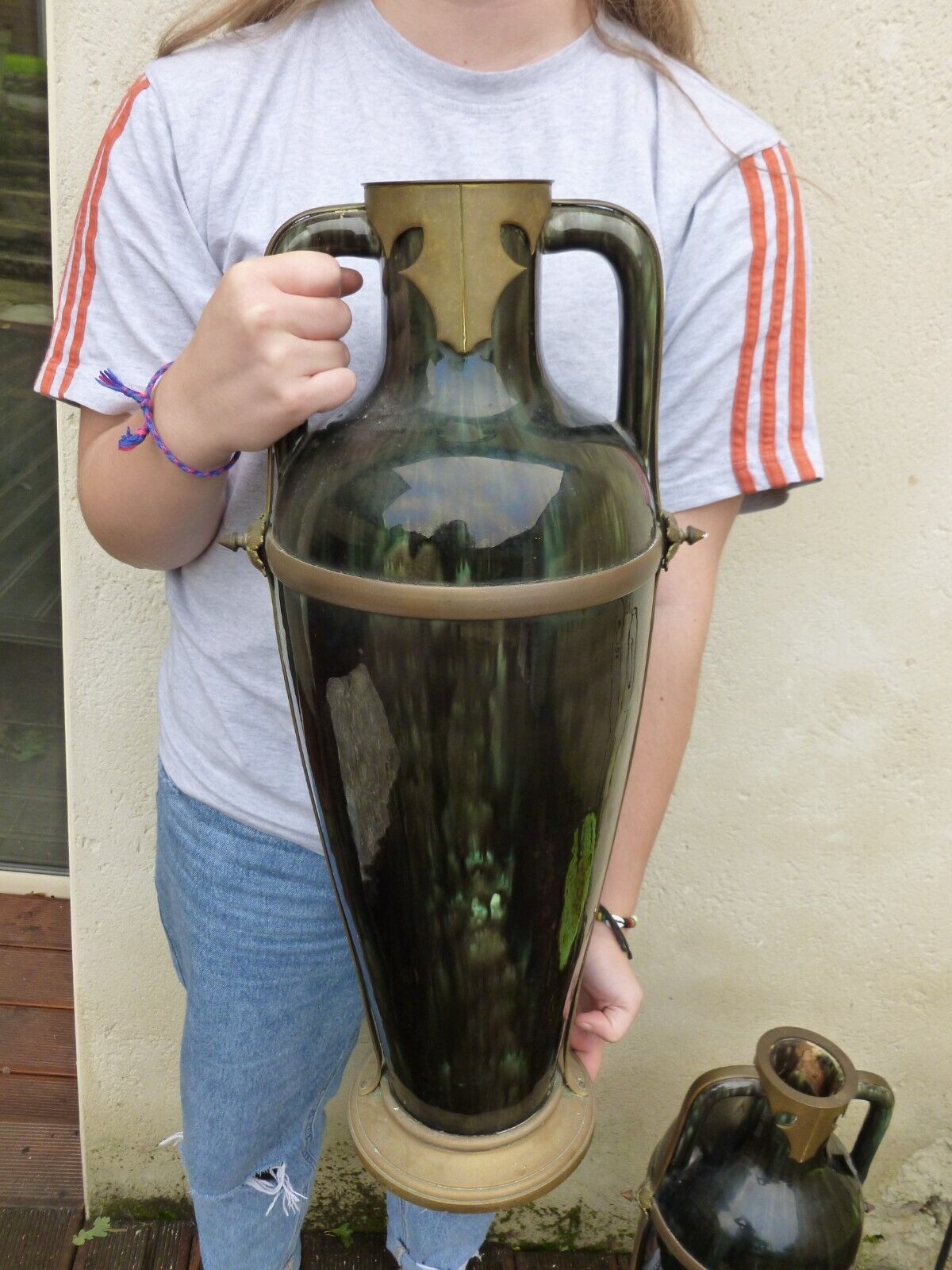 Ceramic vases brass frame art nouveau