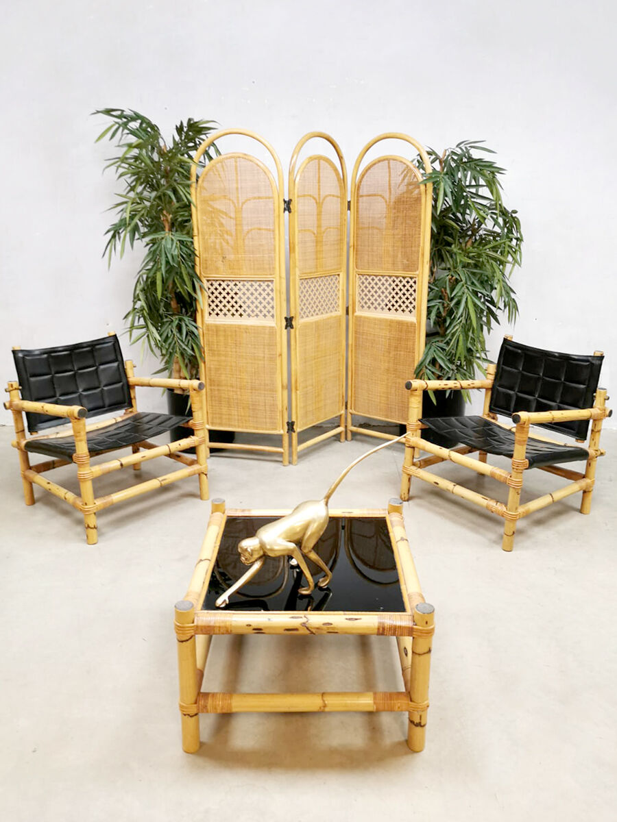 Set of 3 Midcentury Swedish design bamboo safari armchairs and ottoman