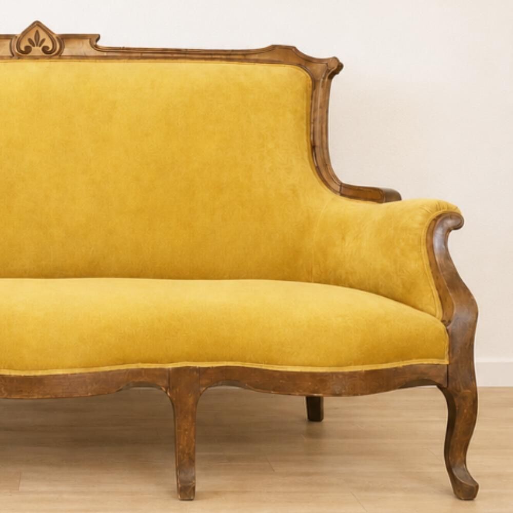 Art Nouveau walnut and mustard velvet sofa
