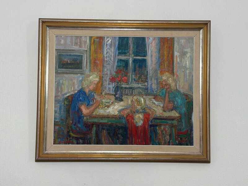Original mid-century Swedish oil on canvas – “Family” by Eric With – vintage & framed – 75 × 91 cm (29.5" × 35.8")