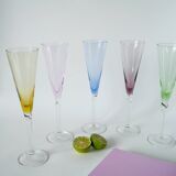 set of 5 colored glass champagne flutes Design 1970