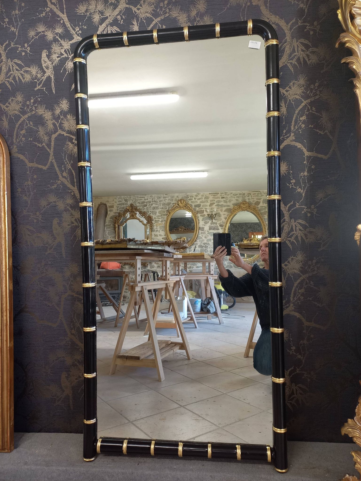 Bamboo mirror XX th lacquered black and gold