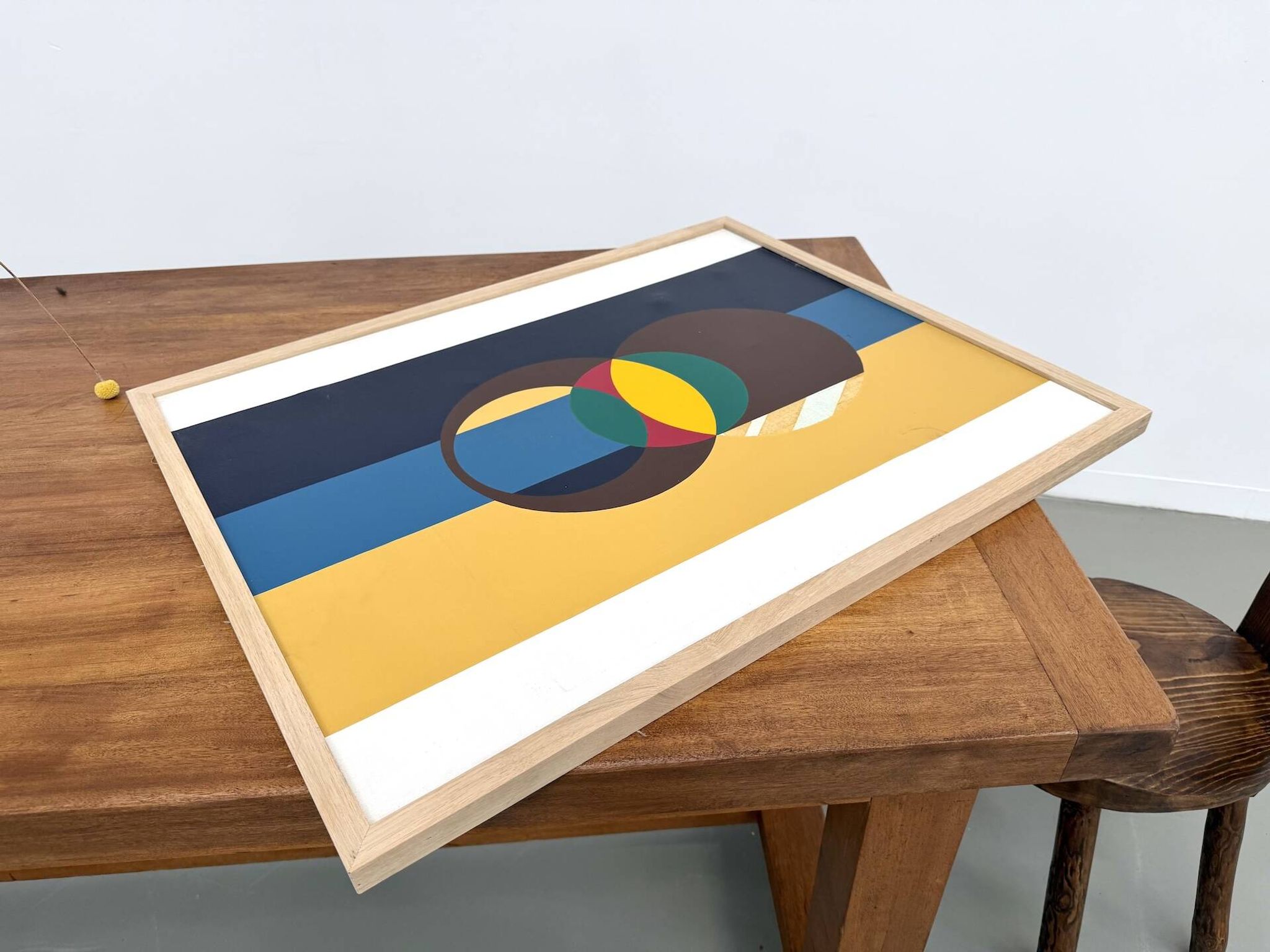 Composition aux cercles et bandes verticales, huile sur toile