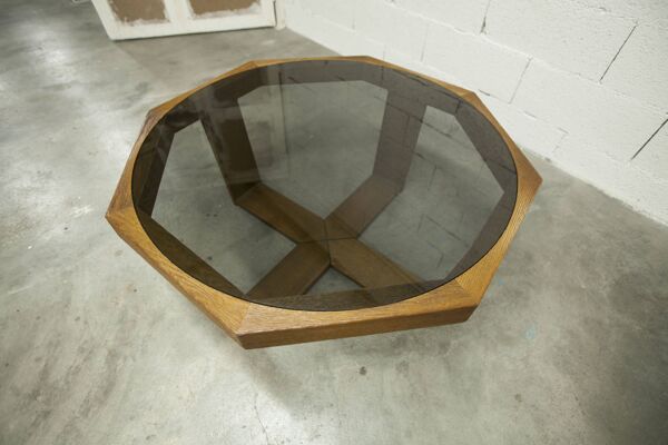 Unique Table hexagonale 1977 chêne verre fumé fabrication suisse