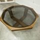 Unique hexagonal table 1977, smoked glass and oak, Swiss made.