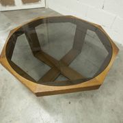 Unique hexagonal table 1977, smoked glass and oak, Swiss made.