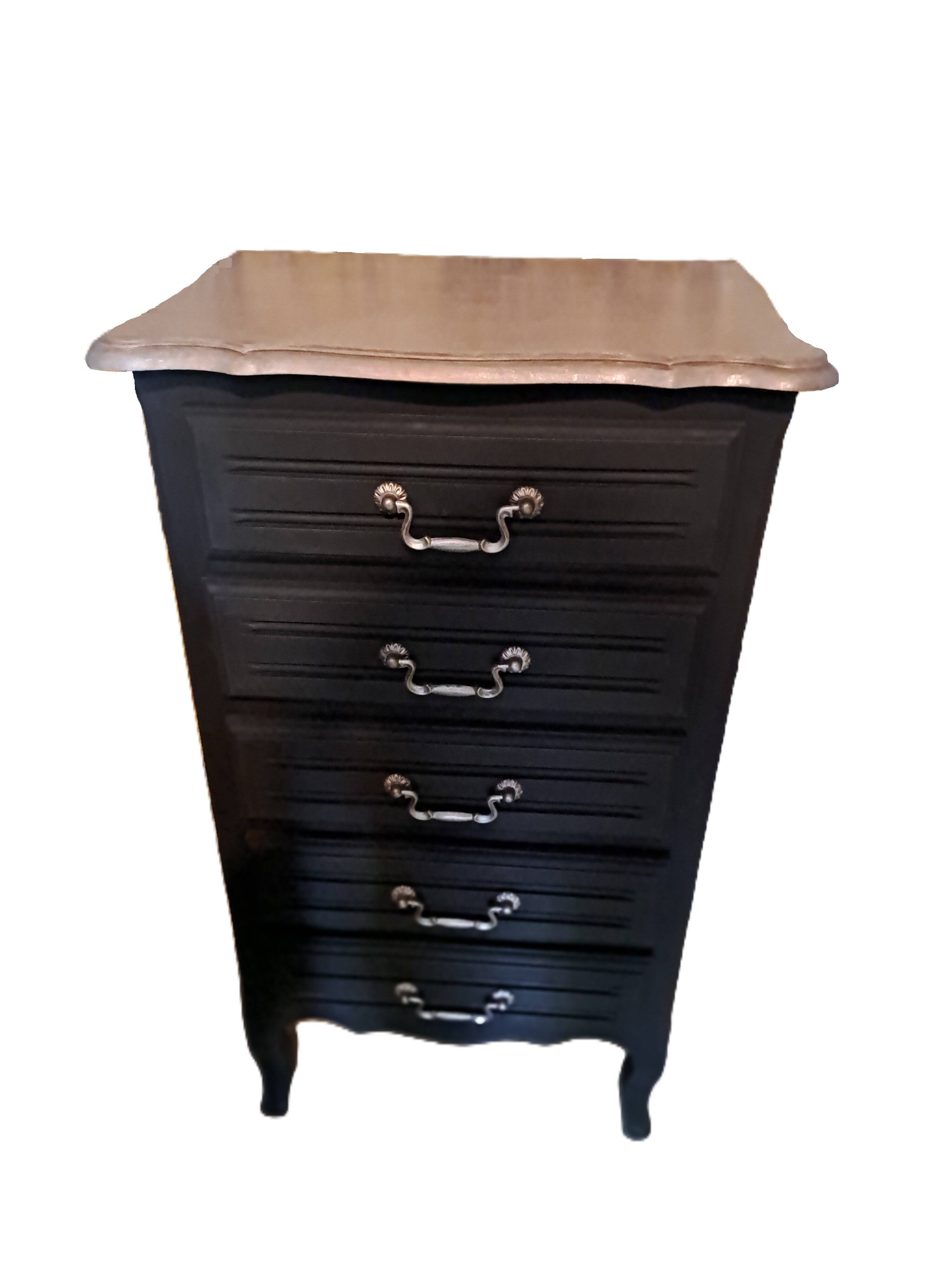 Black and grey painted wooden chest of drawers from France 1950 with 5 drawers