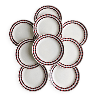 Set of 10 earthenware dessert plates from Villeroy & Boch, decorated with red and black tiles.