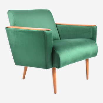 Fauteuil original vintage, années 1960, restauré, bouteille en velours vert