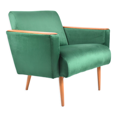 Fauteuil original vintage, années 1960, restauré, bouteille en velours vert