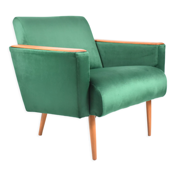 Fauteuil original vintage, années 1960, restauré, bouteille en velours vert