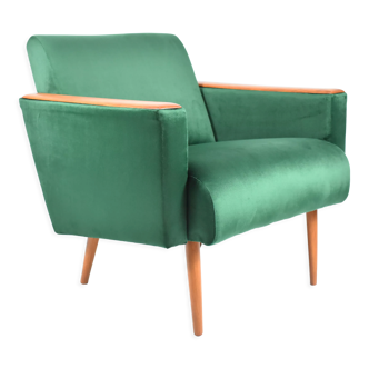 Fauteuil original vintage, années 1960, restauré, bouteille en velours vert