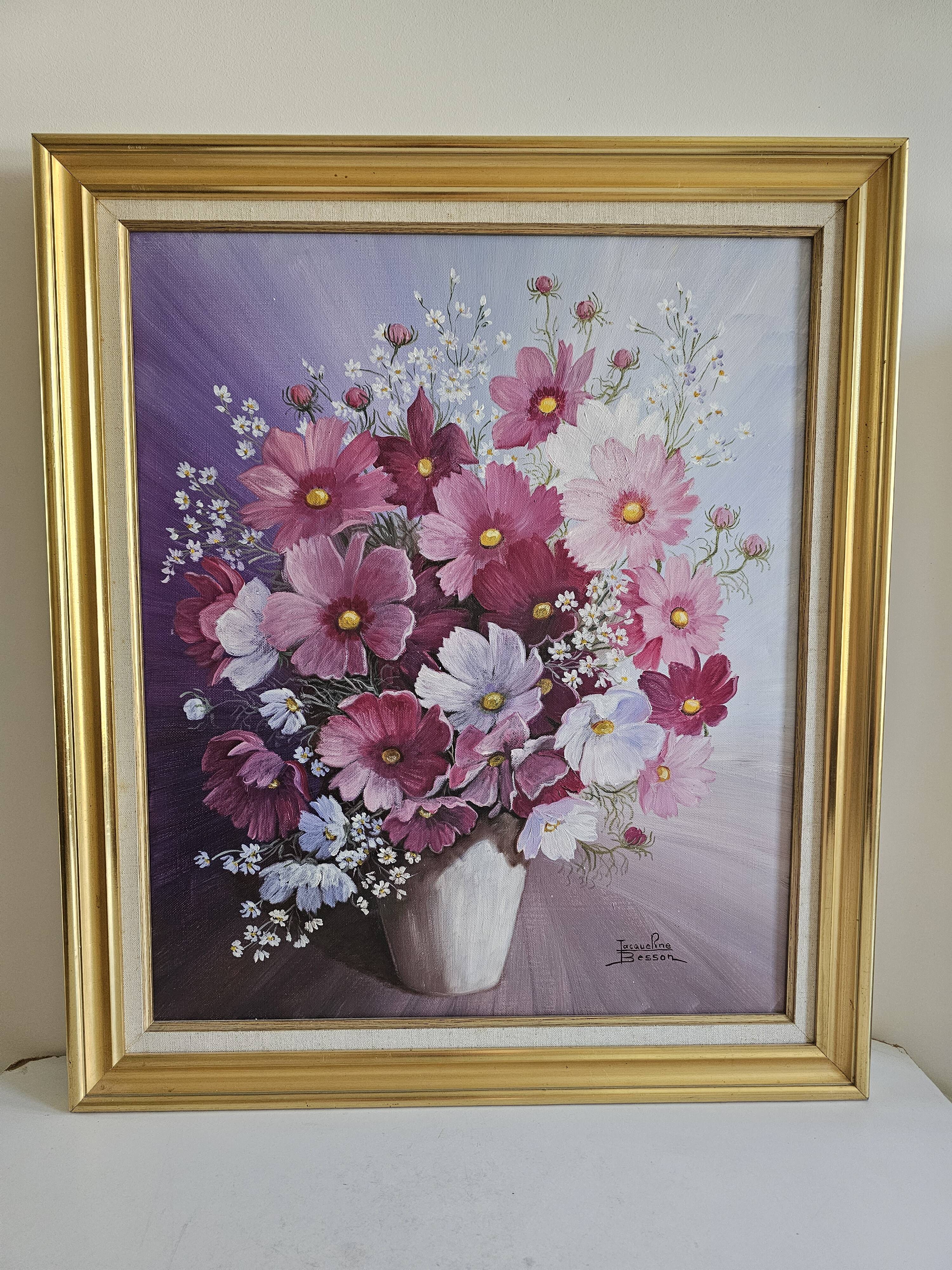 Oil on Canvas Still Life Flowers Cosmos Signed Jacqueline Besson