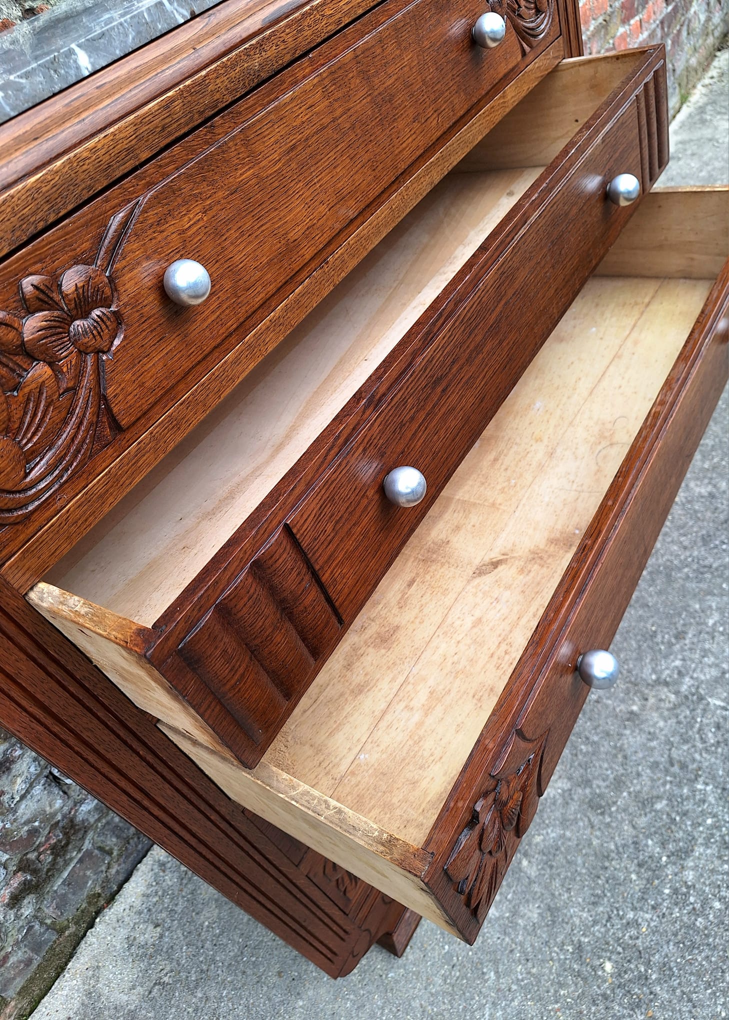 Art Deco commode, vintage antique piece with marble top.