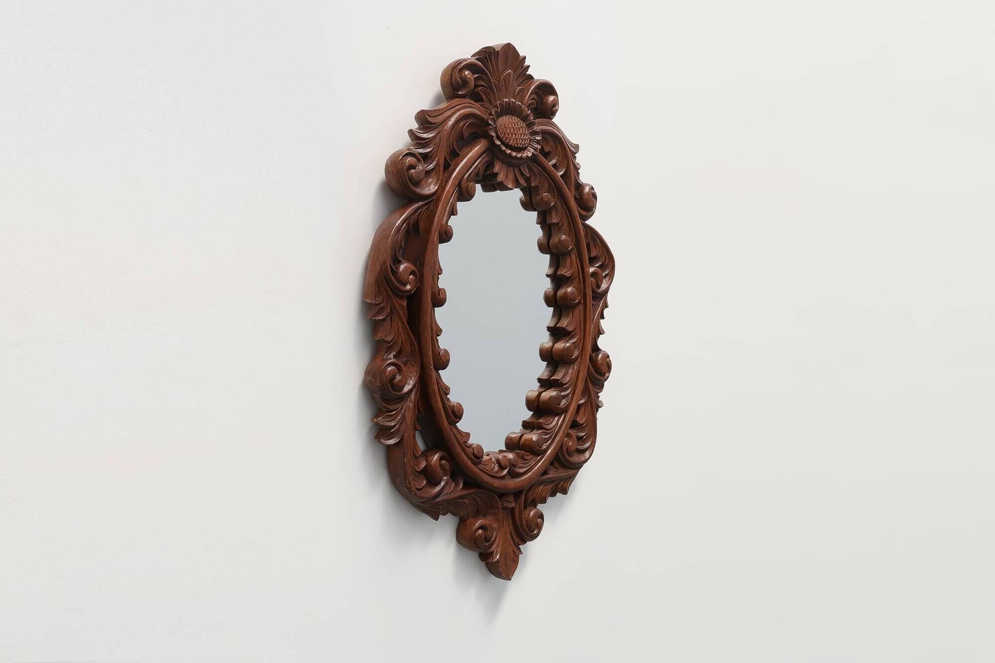 French Carved Walnut Oval Mirror with Pierced Acanthus Crest, circa 1900