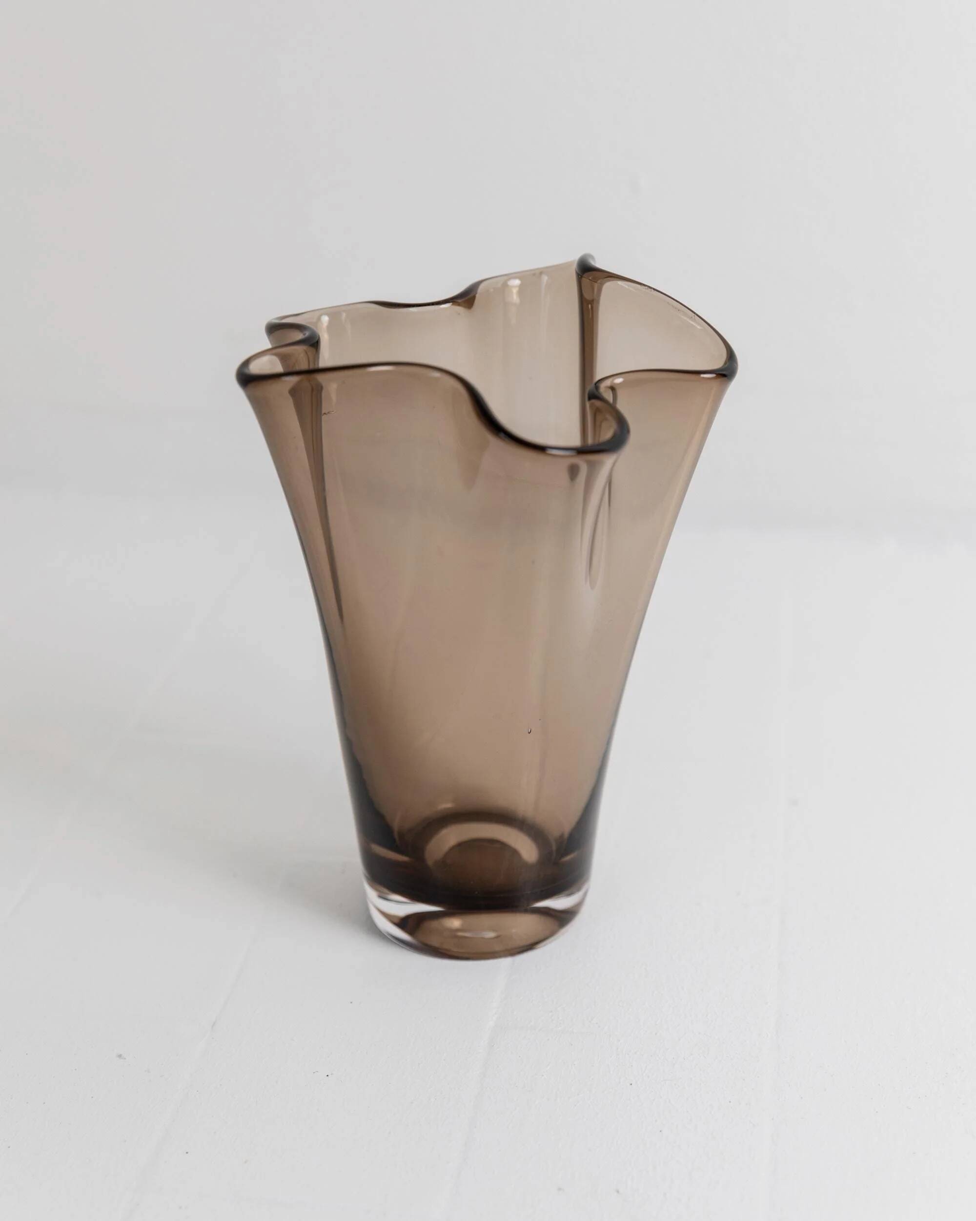 Vintage Murano glass vase from the 1980s, smoky brown, organically wavy shape.