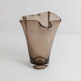 Vintage Murano glass vase from the 1980s, smoky brown, organically wavy shape.