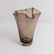 Vintage Murano glass vase from the 1980s, smoky brown, organically wavy shape.