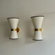 Pair of vintage wall lamps, brass and unbleached fabric, Italy 1980