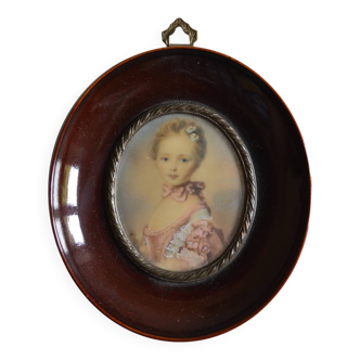 Portrait miniature de jeune fille, encadré et sous verre