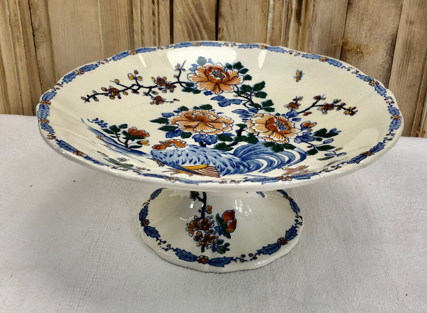 Compotier fruit cutters on pedestal Gien rooster and peonies 1938 1960