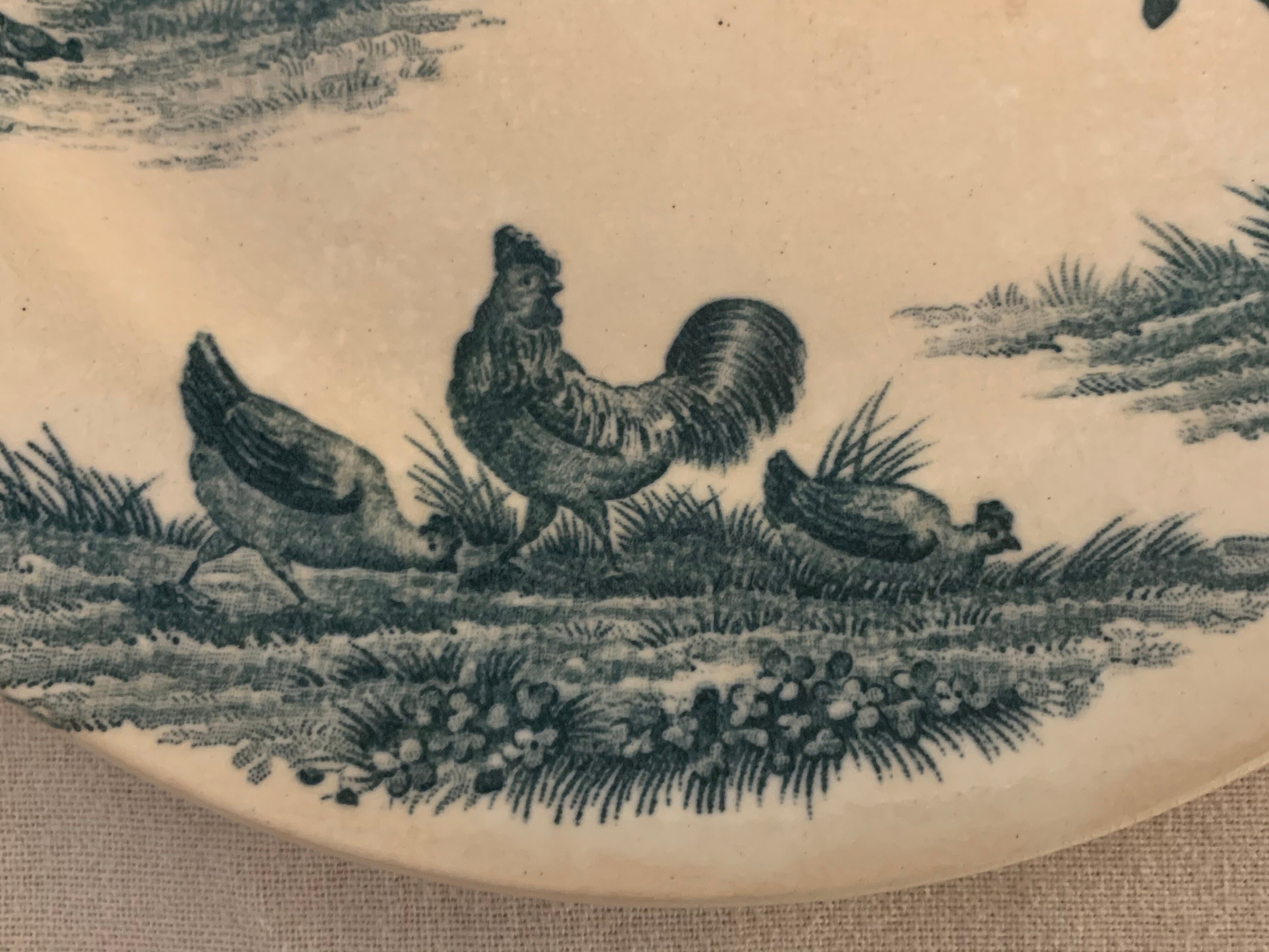 9 dessert plates old chickens, geese and pheasants blue field service Terre de Fer
