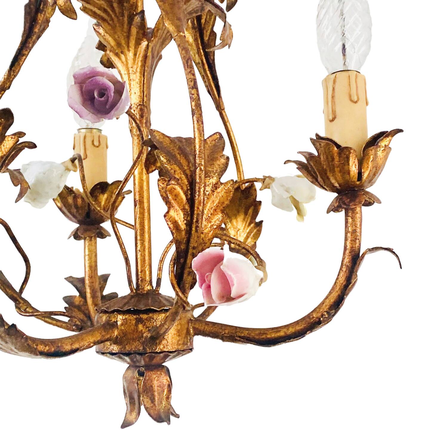 Vintage Italian Roses Porcelain Chandelier Gold Gilded Baroque Rococco 1950s
