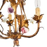 Vintage Italian Roses Porcelain Chandelier Gold Gilded Baroque Rococco 1950s