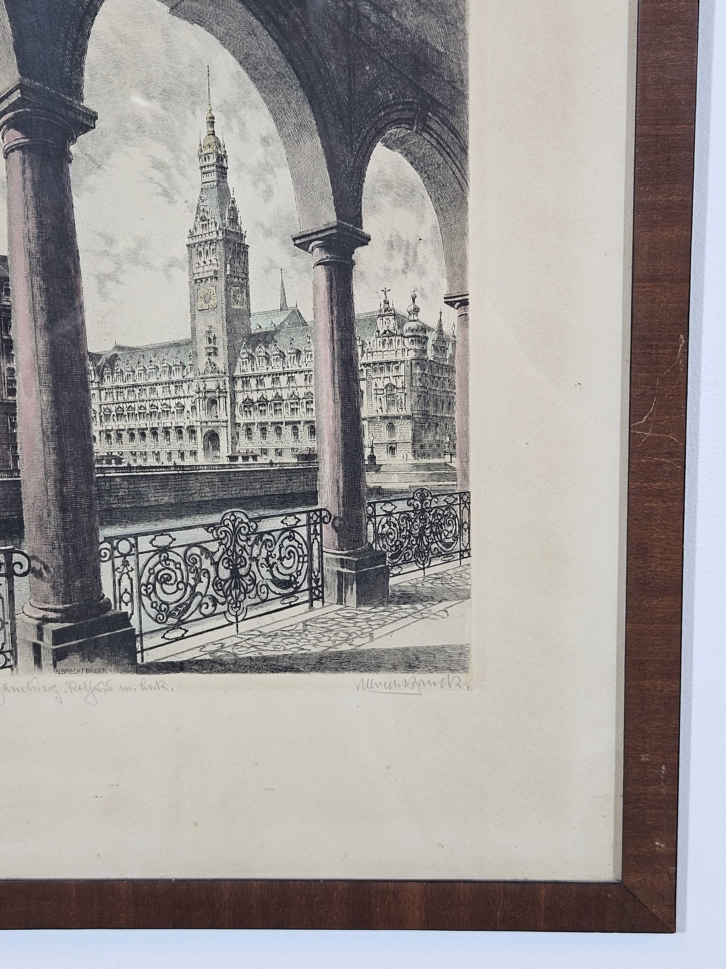Etching "Town Hall in Hamburg" by Albrecht Bruck