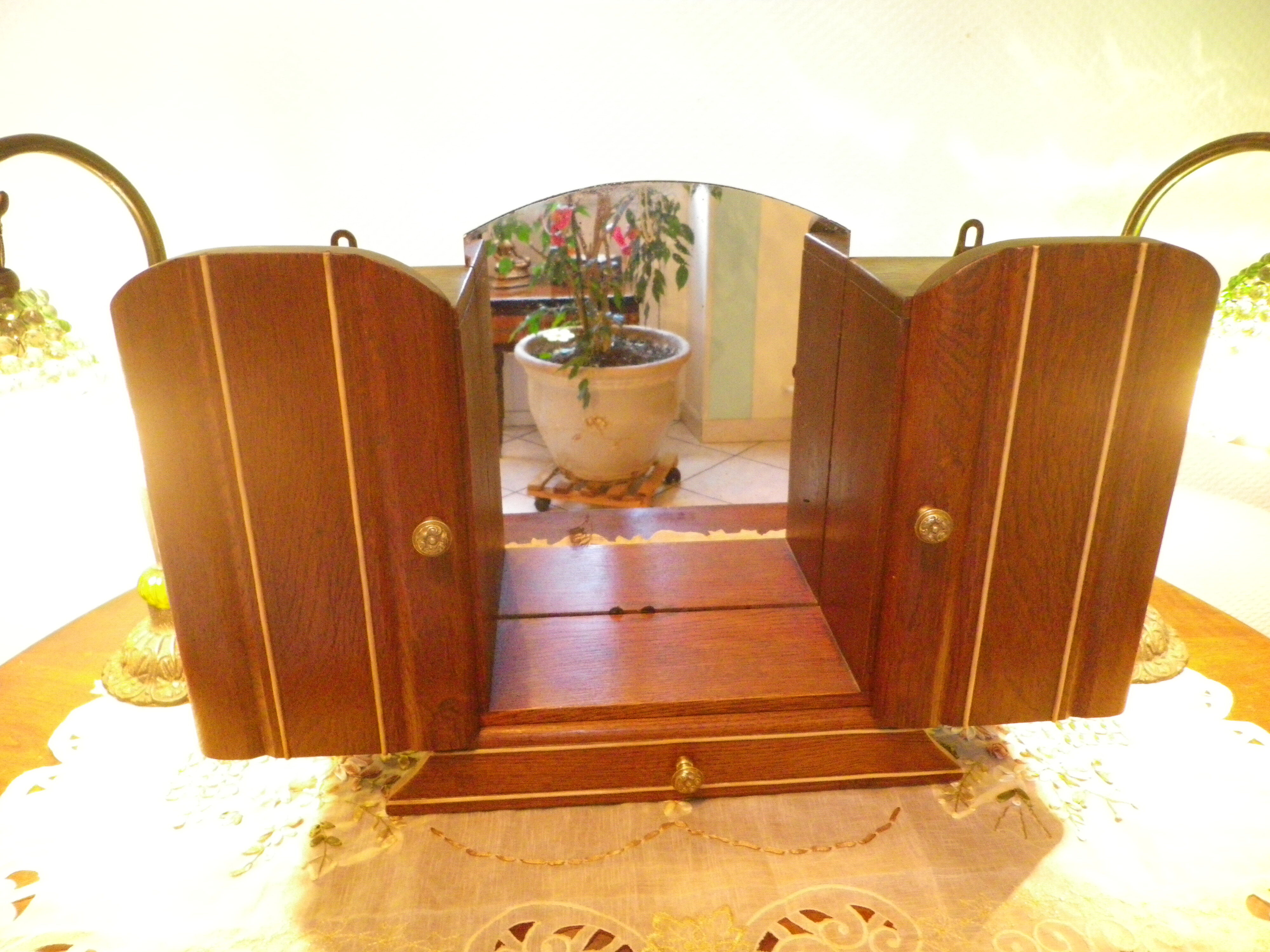 Art Deco extra furniture 1920/1940 to install or fix, wooden, central mirror, 2 doors, 1 drawer