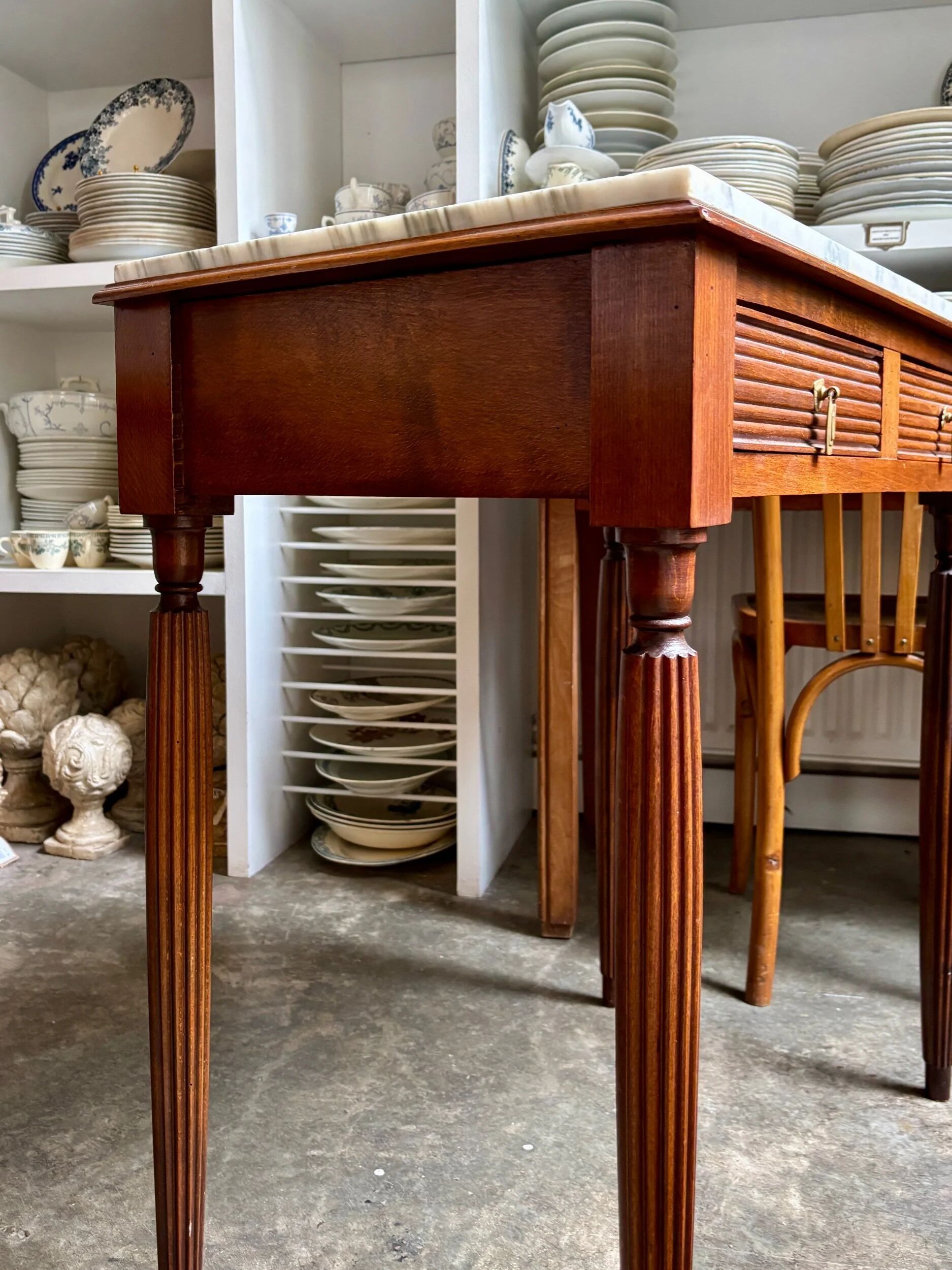 Desk, dark wood and marble side table